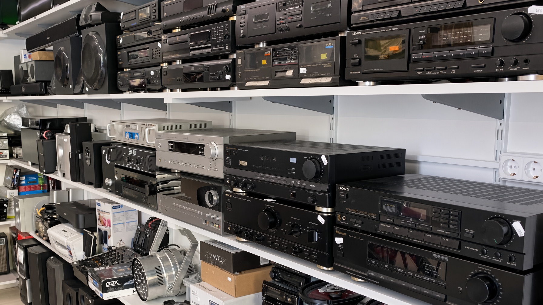 Die weißen Regale im Checkpoint: HiFi-Receiver, Kassetten-Decks und Boxen, professionell aufgenommen.