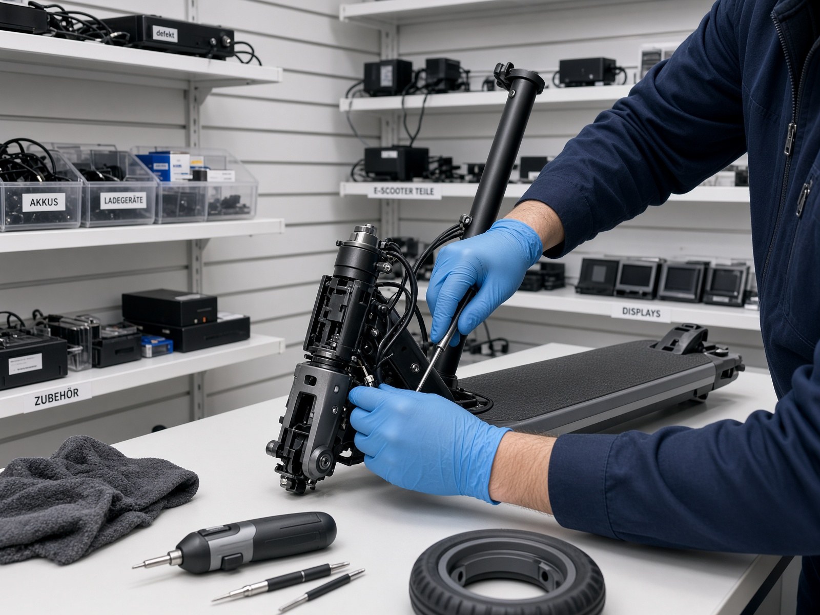 E-Scooter auf der Werkbank im Checkpoint: Vorderrad demontiert, Werkzeug daneben.